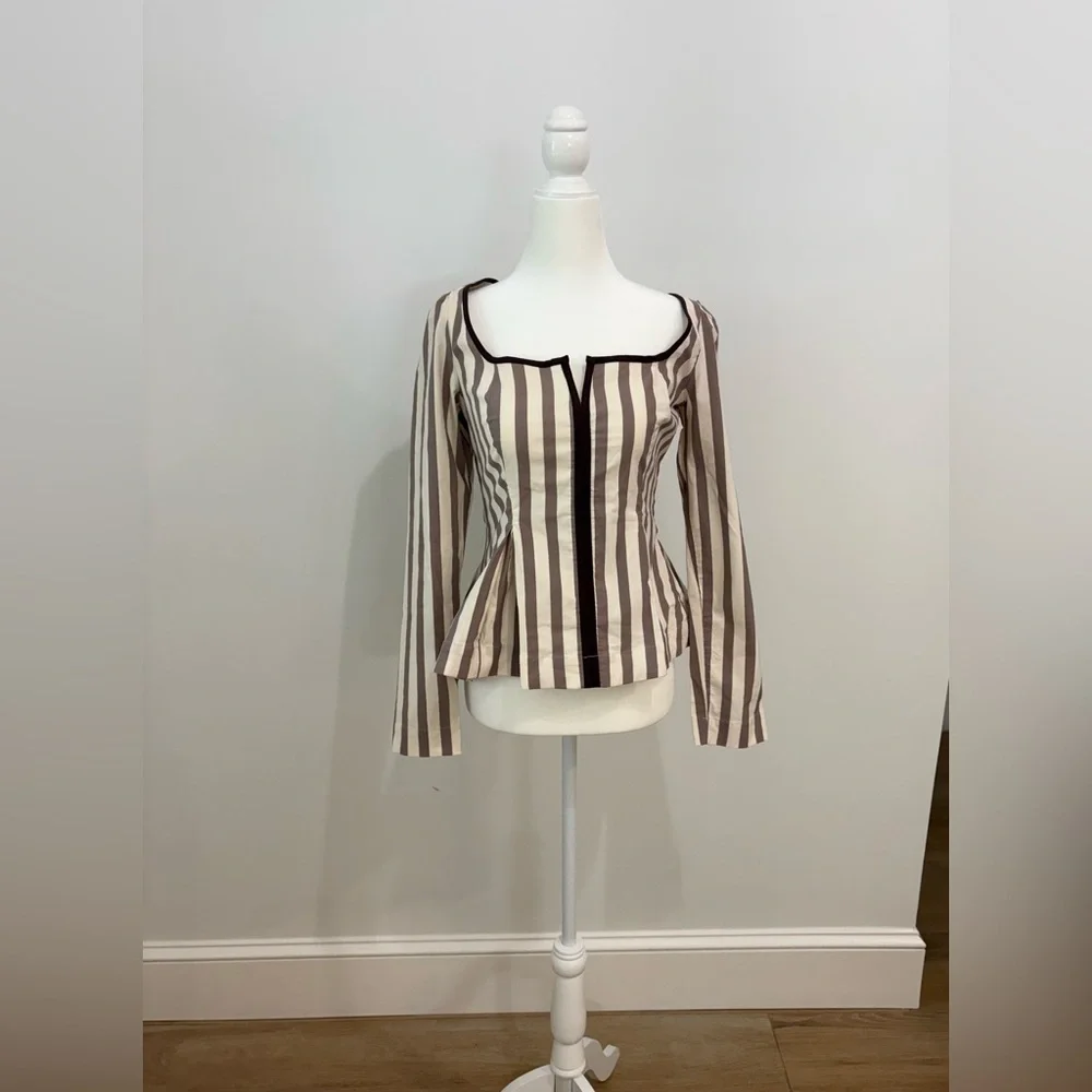 NWT Maeve by Anthropologie Brown and Cream Striped Square-Neck Blouse - Picture 3 of 4